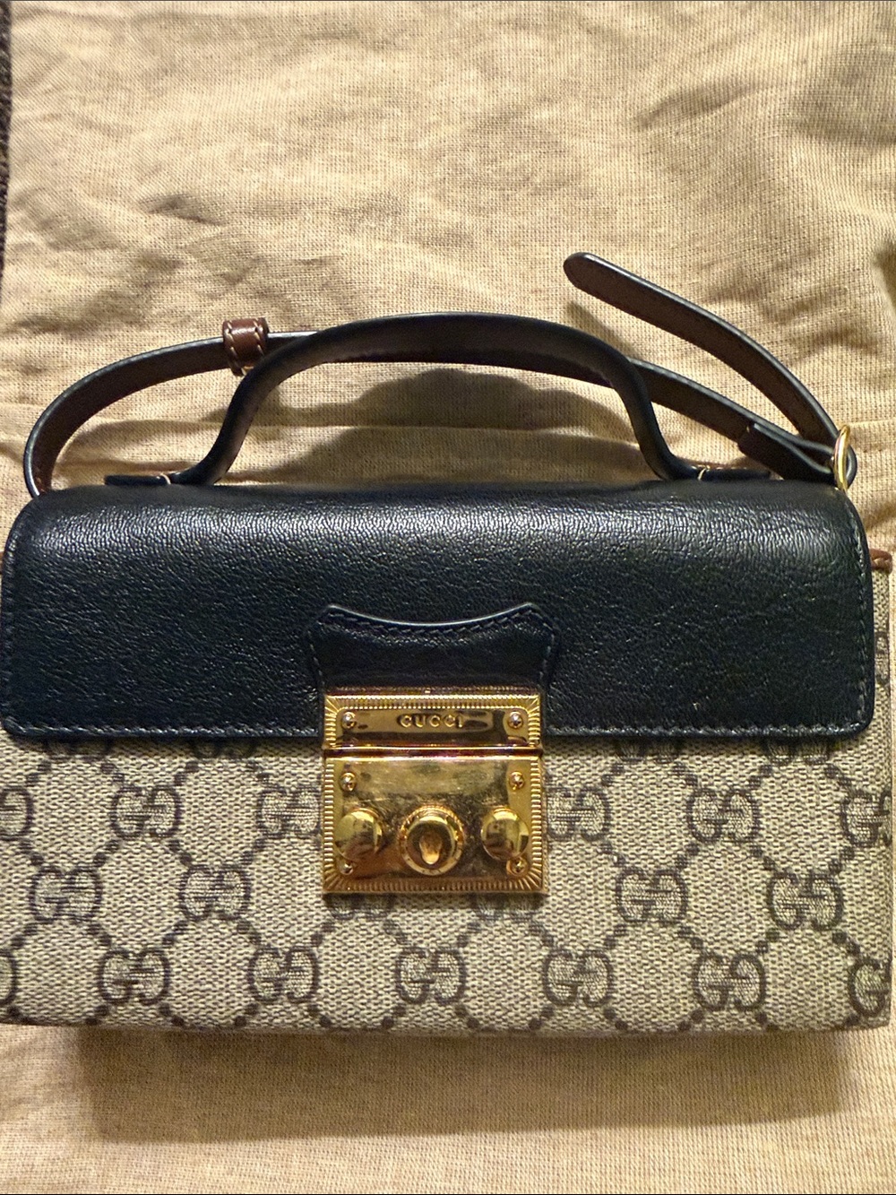 Gucci Beige GG Canvas Satchel with Black Leather and Gold Hardware